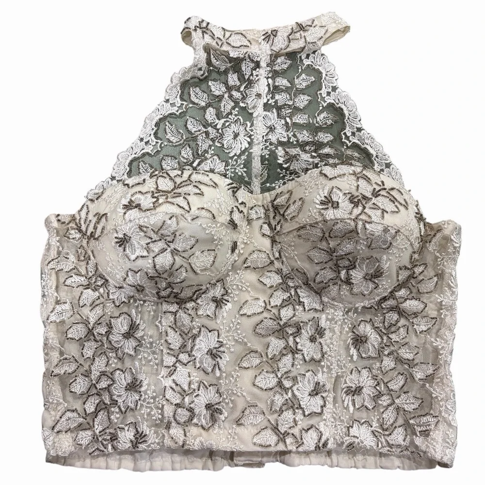 Fashion‎ Fantasy Bustier White Halter Beaded Leaves Floral Funky Vintage